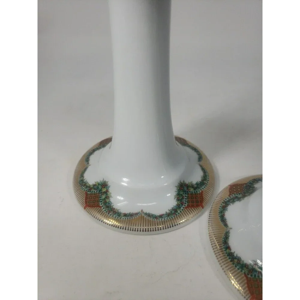 Vintage Royal Copenhagen Christmas Joy Candlesticks 503 Holly Garland Gold Trim